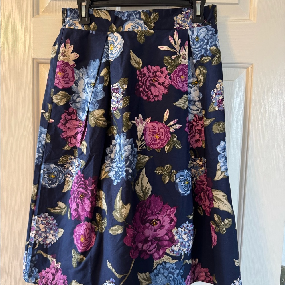 Jane and Delancey Navy and Pink Flowered Pleated Midi Skirt
